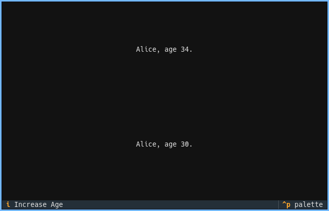 Textual application using a model-view only approach, showing that the view is out-of-sync with the model.